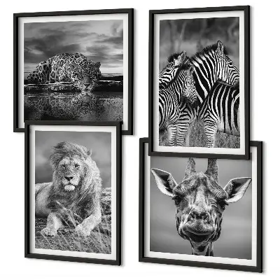Set of 4 wall art pieces Wild Animals Lion Jaguar Giraffe Zebras