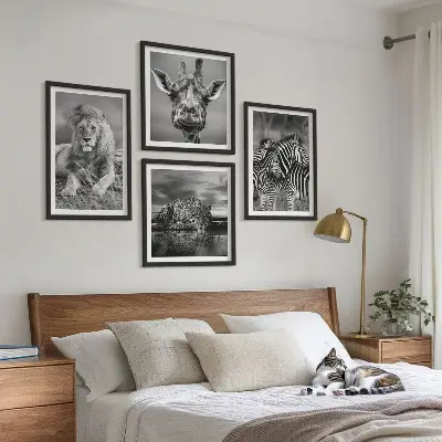 Set of 4 wall art pieces Wild Animals Lion Jaguar Giraffe Zebras