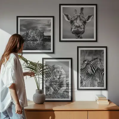 Wild Animals Wall Art Set set of 4 pieces featuring a lion, jaguar, giraffe, and zebras