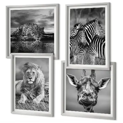Set of 4 wall art pieces Wild Animals Lion Jaguar Giraffe Zebras