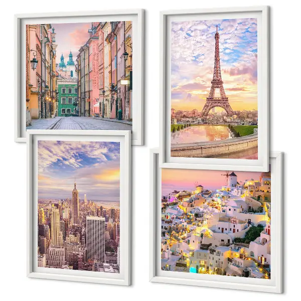 Multi-piece wall decor set featuring twilight views of New York Paris Oia and Warsaw