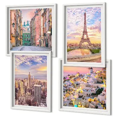Multi-piece wall decor set featuring twilight views of New York Paris Oia and Warsaw