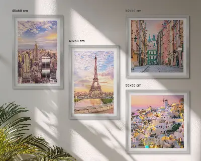 Multi-piece wall decor set featuring twilight views of New York Paris Oia and Warsaw
