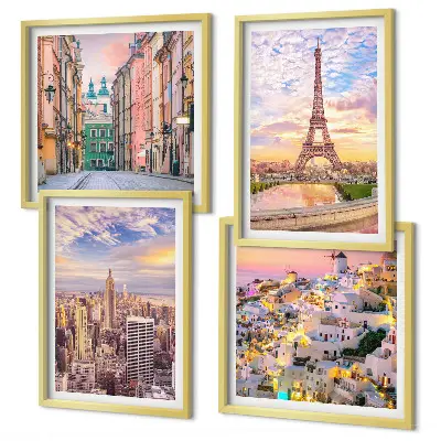 Multi-piece wall decor set featuring twilight views of New York Paris Oia and Warsaw
