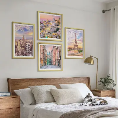Multi-piece wall decor set featuring twilight views of New York Paris Oia and Warsaw