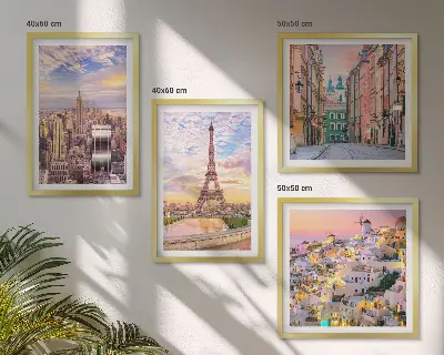 Multi-piece wall decor set featuring twilight views of New York Paris Oia and Warsaw