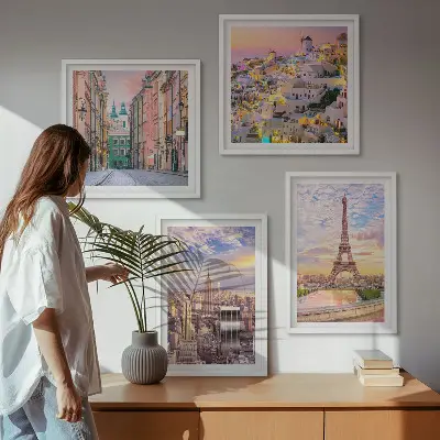 Multi-piece wall decor set New York Paris Oia Warsaw twilight