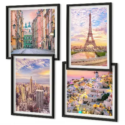 Multi-piece wall decor set featuring twilight views of New York Paris Oia and Warsaw