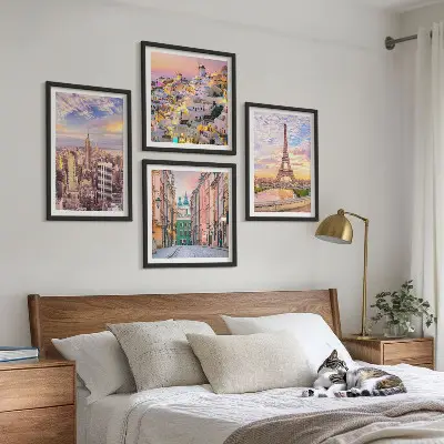 Multi-piece wall decor set featuring twilight views of New York Paris Oia and Warsaw