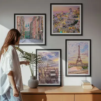 Multi-piece wall decor set featuring twilight views of New York Paris Oia and Warsaw