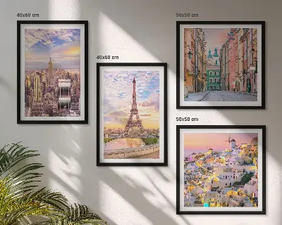 Multi-piece wall decor set featuring twilight views of New York Paris Oia and Warsaw