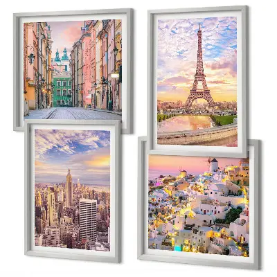 Multi-piece wall decor set New York Paris Oia Warsaw twilight