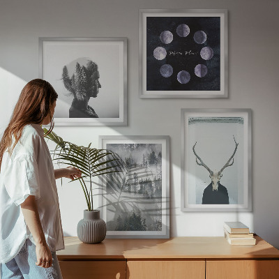 Set of 4 wall art pieces Forest fog moon skull woman