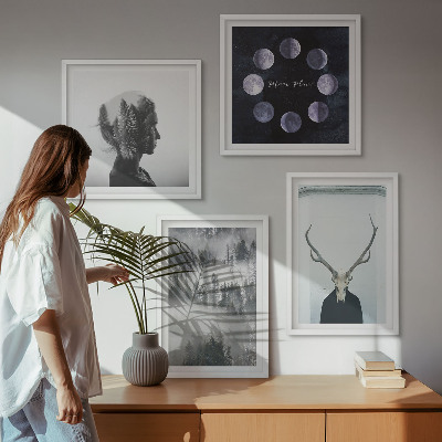 Set of 4 wall art pieces Forest fog moon skull woman