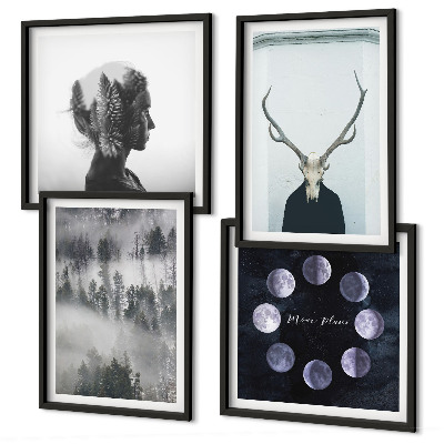 Set of 4 wall art pieces Forest fog moon skull woman