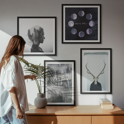 Set of 4 wall art pieces Forest fog moon skull woman
