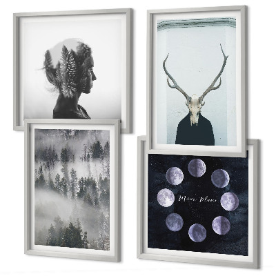 Set of 4 wall art pieces Forest fog moon skull woman