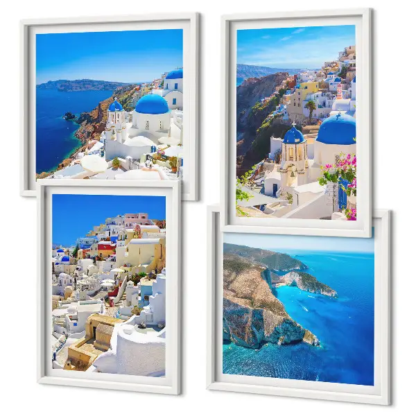 Multi-piece wall decor set featuring an architectural landscape of Oia, Santorini, Greece