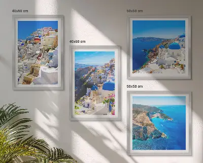 Multi-piece wall decor set featuring an architectural landscape of Oia, Santorini, Greece