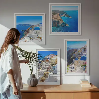 Multi-piece wall decor set featuring an architectural landscape of Oia, Santorini, Greece