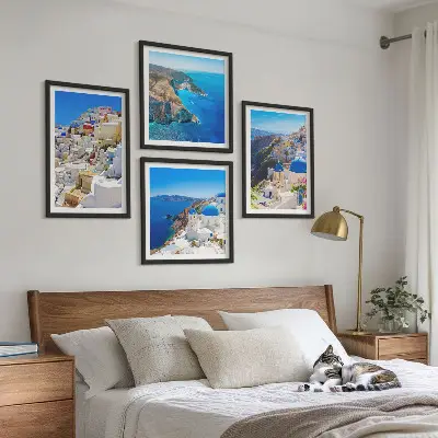 Multi-piece wall decor set featuring an architectural landscape of Oia, Santorini, Greece