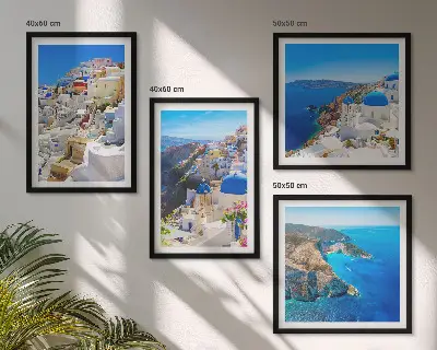 Multi-piece wall decor set featuring an architectural landscape of Oia, Santorini, Greece