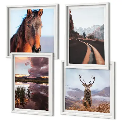 Set of 4 wall art pieces featuring mountain landscapes with reindeer and horse road scenes