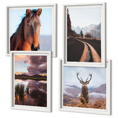 Set of 4 wall art pieces Mountain landscapes reindeer horse road