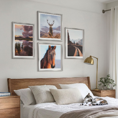Set of 4 wall art pieces Mountain landscapes reindeer horse road