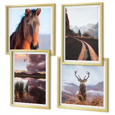 Set of 4 wall art pieces featuring mountain landscapes with reindeer and horse road scenes