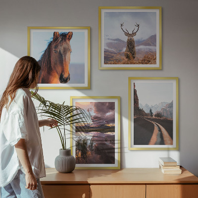Set of 4 wall art pieces Mountain landscapes reindeer horse road