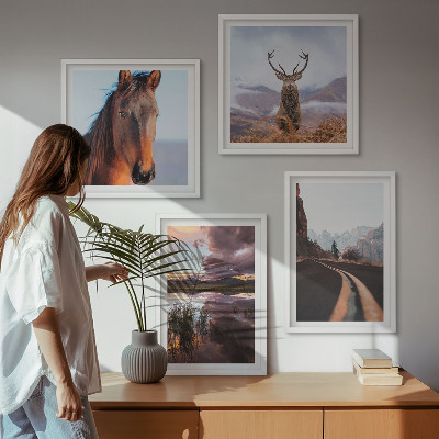 Set of 4 wall art pieces Mountain landscapes reindeer horse road