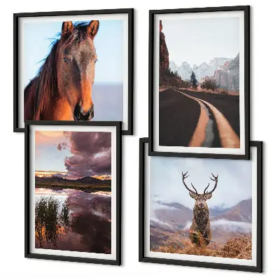 Set of 4 wall art pieces featuring mountain landscapes with reindeer and horse road scenes