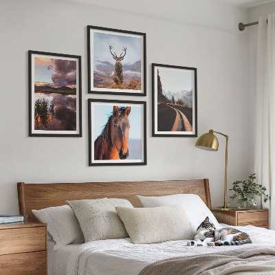 Set of 4 wall art pieces Mountain landscapes reindeer horse road