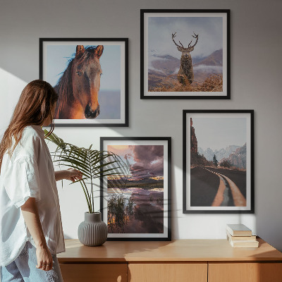 Set of 4 wall art pieces Mountain landscapes reindeer horse road