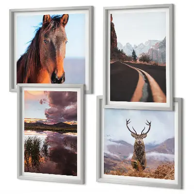 Set of 4 wall art pieces featuring mountain landscapes with reindeer and horse road scenes