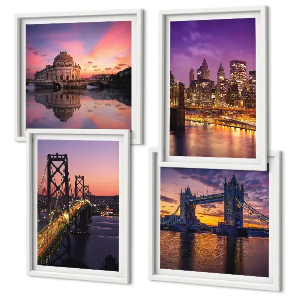Multi-piece wall art set featuring bridges, sun, and city views