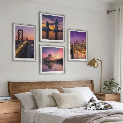 Multi-piece wall art set featuring bridges, sun, and city views