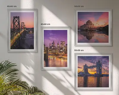 Multi-piece wall art set featuring bridges, sun, and city views