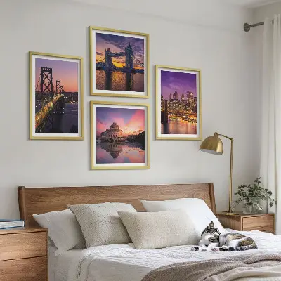 Multi-piece wall art set featuring bridges, sun, and city views