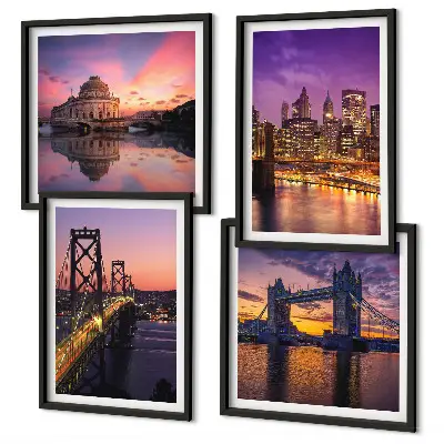 Multi-piece wall art set featuring bridges, sun, and city views