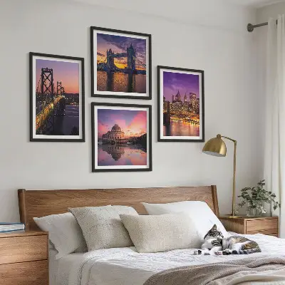 Multi-piece wall art set featuring bridges, sun, and city views