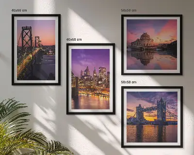 Multi-piece wall art set featuring bridges, sun, and city views