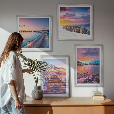 Set of 4 wall art pieces Winter landscape of the pier mountain