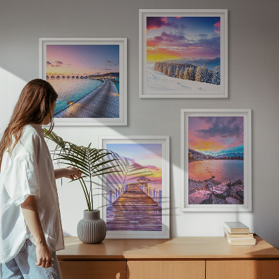 Set of 4 wall art pieces Winter landscape of the pier mountain