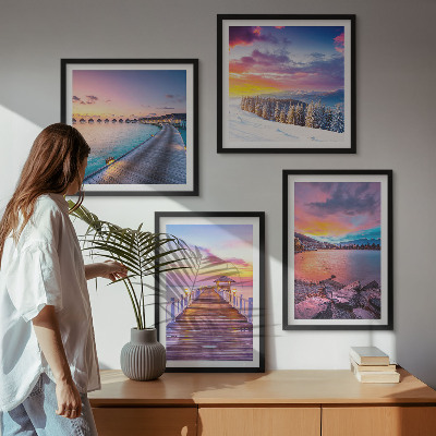 Set of 4 wall art pieces Winter landscape of the pier mountain