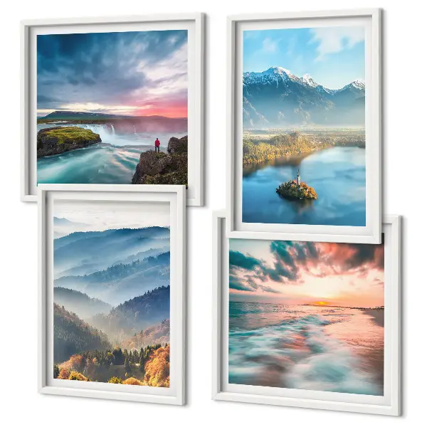 Multi-piece wall decor set featuring mountain landscapes and waterfalls
