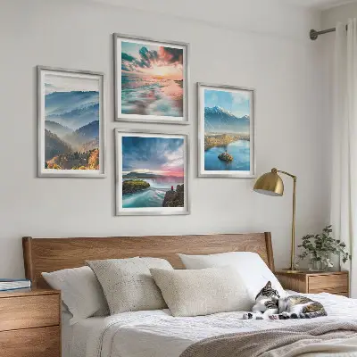Multi-piece wall decor set featuring mountain landscapes and waterfalls
