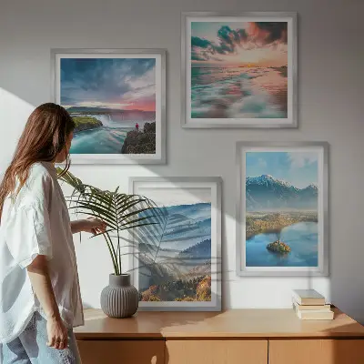 Multi-piece wall decor set featuring mountain landscapes and waterfalls