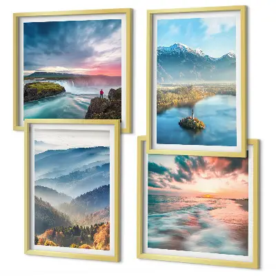 Multi-piece wall decor set featuring mountain landscapes and waterfalls